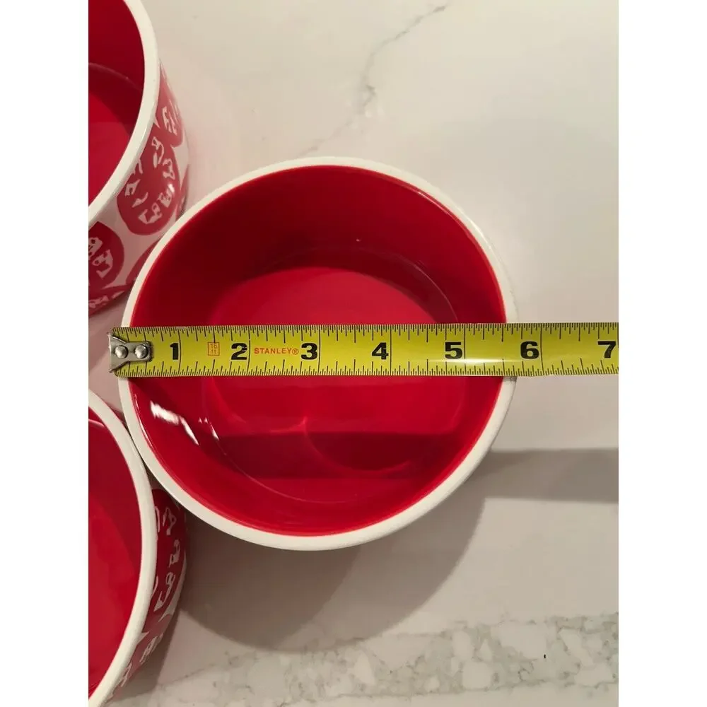 Crate & Barrel set of 3 Ceramic Red‎ & White Pattern Nesting Bowl Serving Set